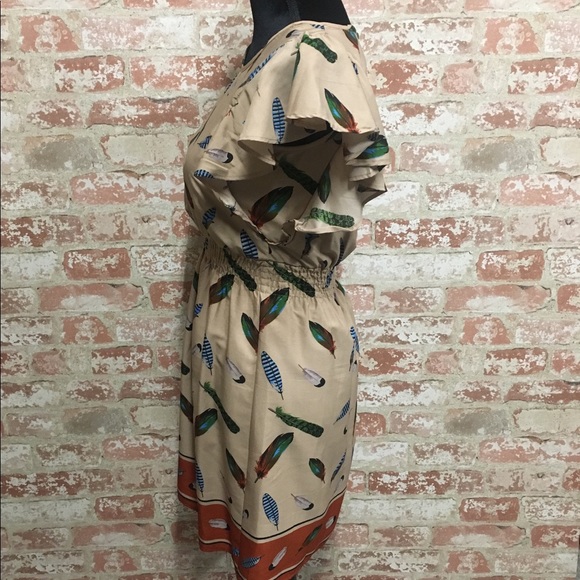 YUMI tan and brown feather print dress. - Picture 3 of 7